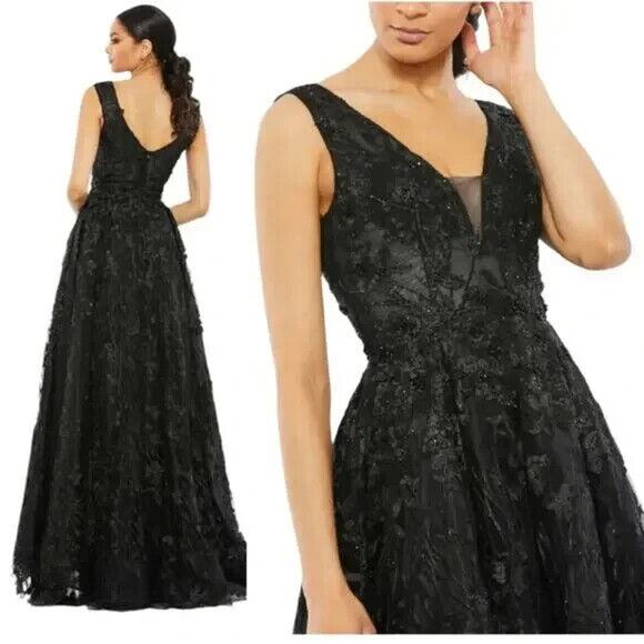 Mac Duggal 20131‎ Black Floral Embroidered Illusion V Neck Ball Gown 4 NEW - Picture 1 of 6